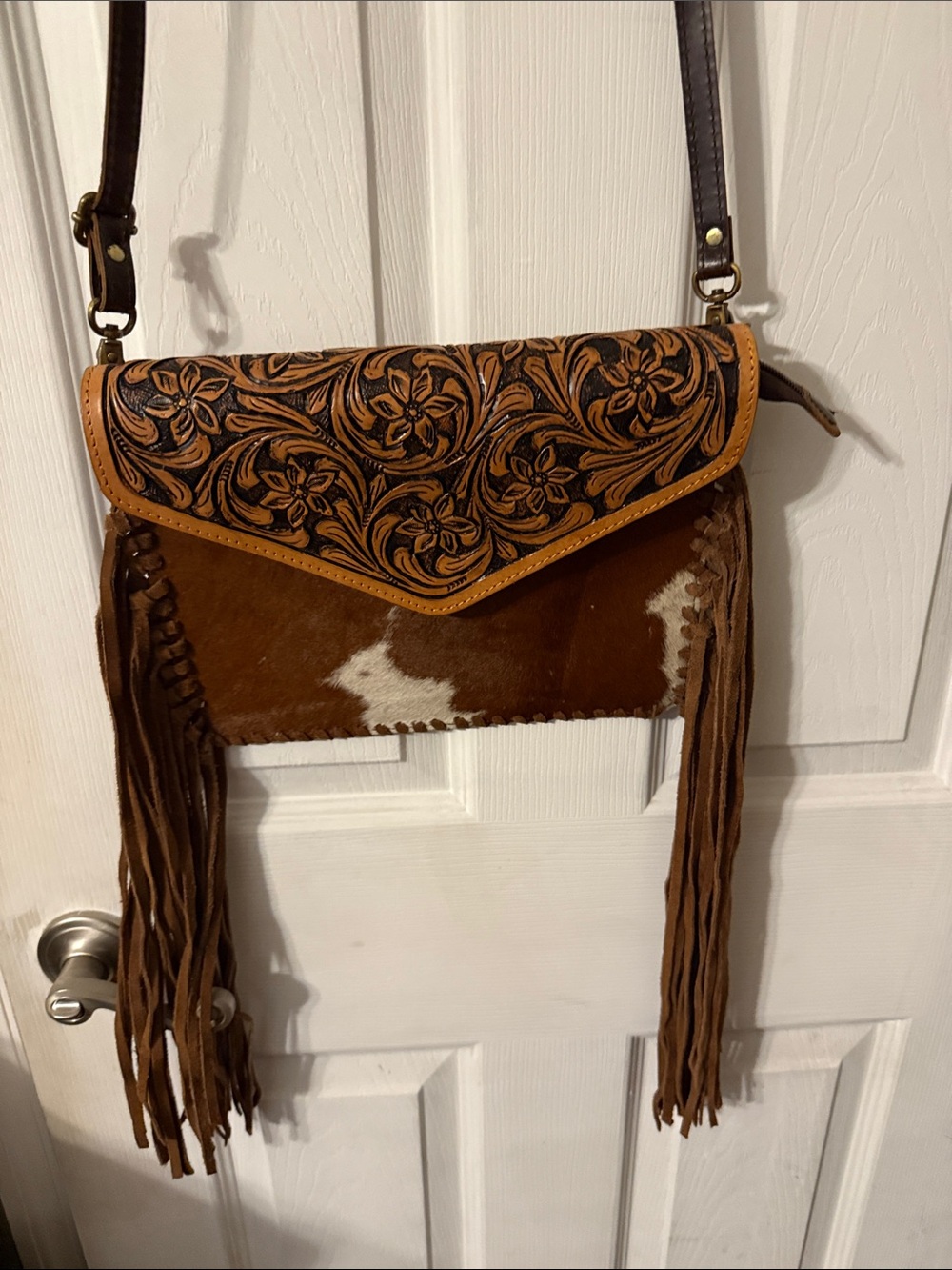 American Darling Brown Tooled Leather & Cowhide Fringe Crossbody